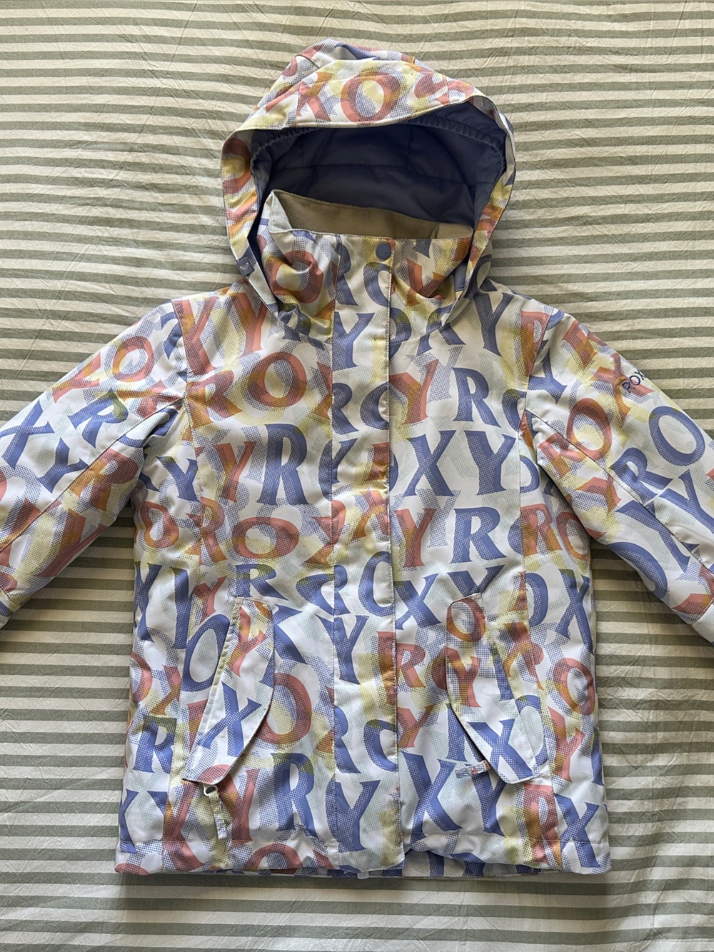 Roxy Kids Hooded Raincoat in Light Blue, Pink & Yellow Letter Print
